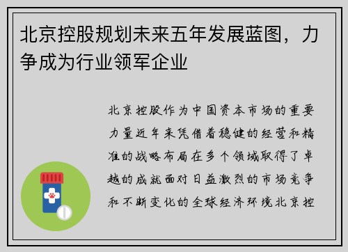 北京控股规划未来五年发展蓝图，力争成为行业领军企业