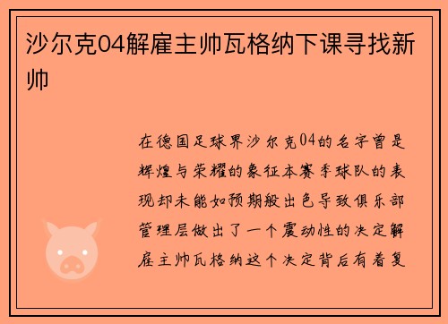 沙尔克04解雇主帅瓦格纳下课寻找新帅